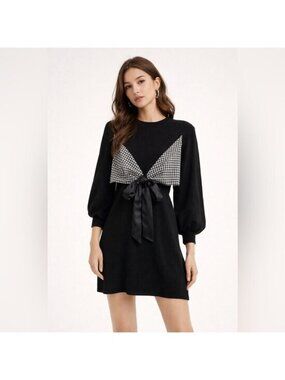 Macy McCoy Elegant Black Crewneck Dress with Houndstooth Accents